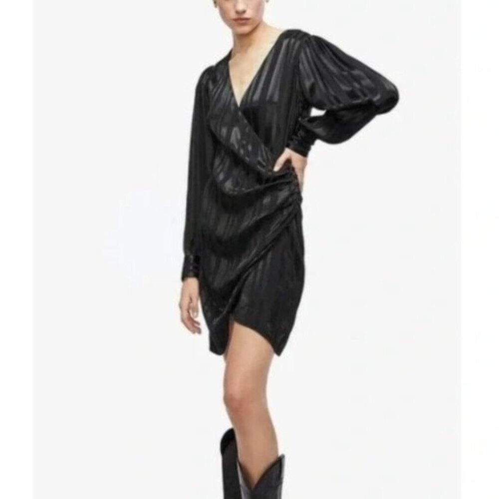 ANINE BING Penelope Long-Sleeve Silk Grey Python Print Mini Wrap Dress Size S